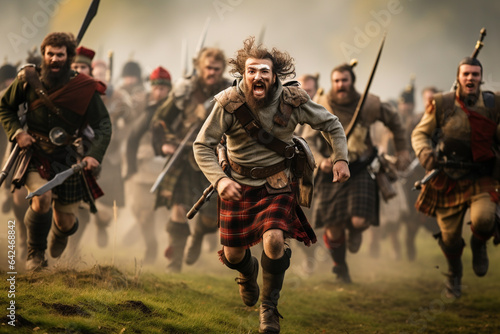 Scottish warriors heading into battle in the highlands.  photo