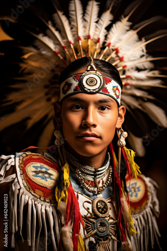 Head and shoulders portrait of a young indigenous male in traditional dance clothing. 
