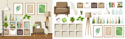 Living room interior with a shelving, an armchair, lamps, paintings, books, and bottles. Cozy Scandinavian interior design. Furniture set. Interior constructor. Cartoon vector illustration