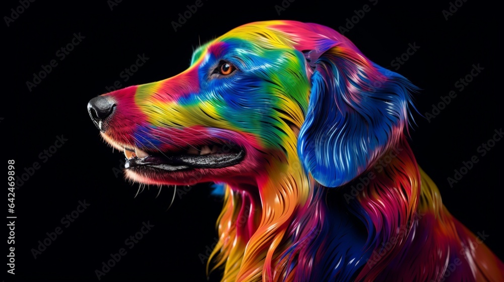 Rainbow colored dog.Generative AI.