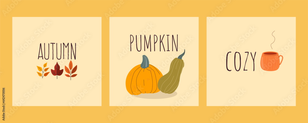 Autumn mood greeting card poster template. Minimalistic postcard with nature leaves, trees, pumpkins, abstract shapes for invitation to the Thanksgiving of the autumn season.Modern vector illustration