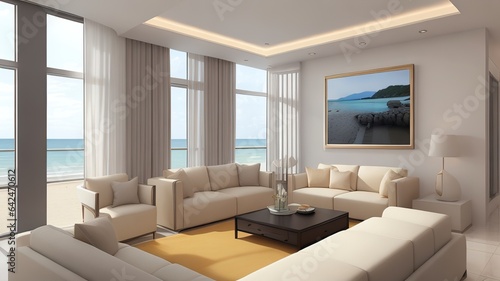 Sofa near blank picture frame on white wall of living room in modern house or luxury hotel. Cozy home interior 3d rendering with beach and sea view