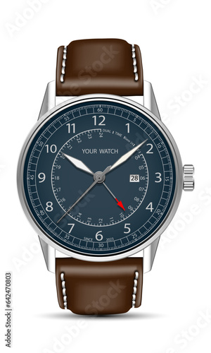 Realistic watch clock chronograph silver dark blue face dark brown leather strap on white design classic luxury vector