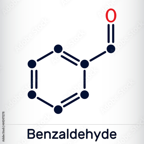 Benzaldehyde, benzoic aldehyde molecule. It is simplest aromatic aldehyde with odor of bitter almond. Skeletal chemical formula. Vector