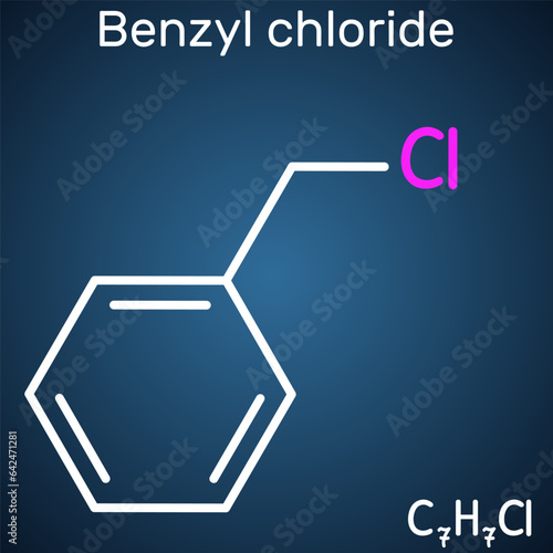 Benzyl chloride, alpha-chlorotoluene molecule. Is used in manufacture of dyes, pharmaceutical products, as photographic developer. Structural chemical formula, dark blue background. Vector photo