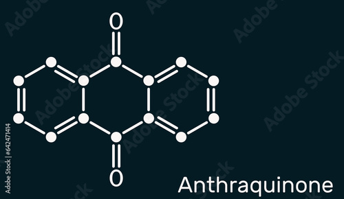 Anthraquinone, anthracenedione or dioxoanthracene molecule. It is aromatic organic compound, quinone class. Skeletal chemical formula on the dark blue background. photo