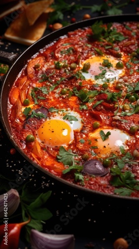 Shakshouka is a Maghrebi dish of eggs poached in a sauce of tomatoes
