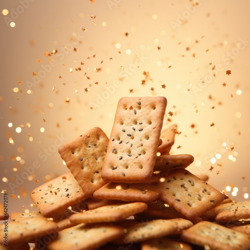 A pile of crackers on a light background. Generative AI.