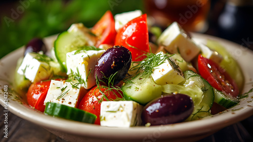 Fresh and vibrant Greek salad with feta cheese, olives, and cucumbe