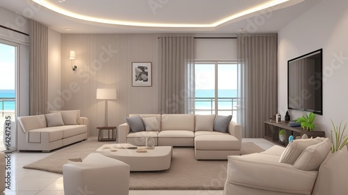 Sofa near blank picture frame on white wall of living room in modern house or luxury hotel. Cozy home interior 3d rendering with beach and sea view © MDSelimReza
