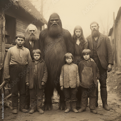 1890s old family photo with a bigfoot creature
