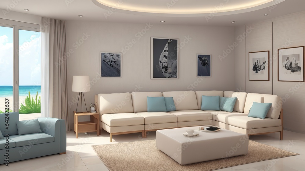 Sofa near blank picture frame on white wall of living room in modern house or luxury hotel. Cozy home interior 3d rendering with beach and sea view Sofa near blank picture frame on white wall of living room in modern house or luxury hotel. Cozy home interior 3d rendering with beach and sea view