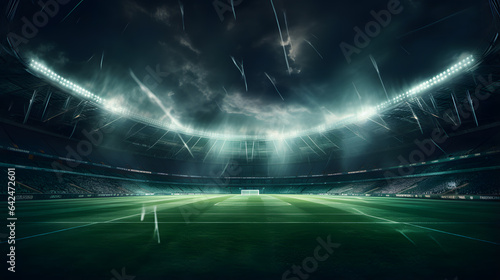 arafed view of a soccer stadium with a green field and lights Generative AI photo