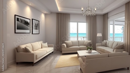 Sofa near blank picture frame on white wall of living room in modern house or luxury hotel. Cozy home interior 3d rendering with beach and sea view © MDSelimReza