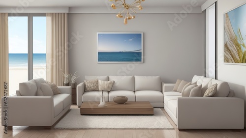 Sofa near blank picture frame on white wall of living room in modern house or luxury hotel. Cozy home interior 3d rendering with beach and sea view