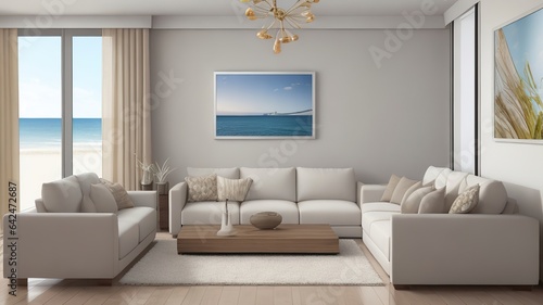 Sofa near blank picture frame on white wall of living room in modern house or luxury hotel. Cozy home interior 3d rendering with beach and sea view