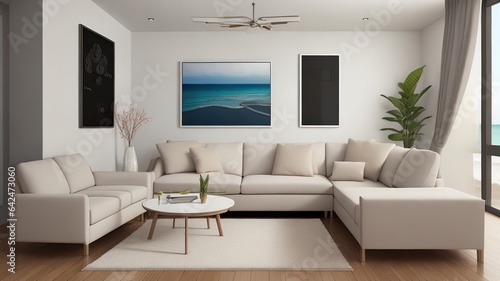 Sofa near blank picture frame on white wall of living room in modern house or luxury hotel. Cozy home interior 3d rendering with beach and sea view