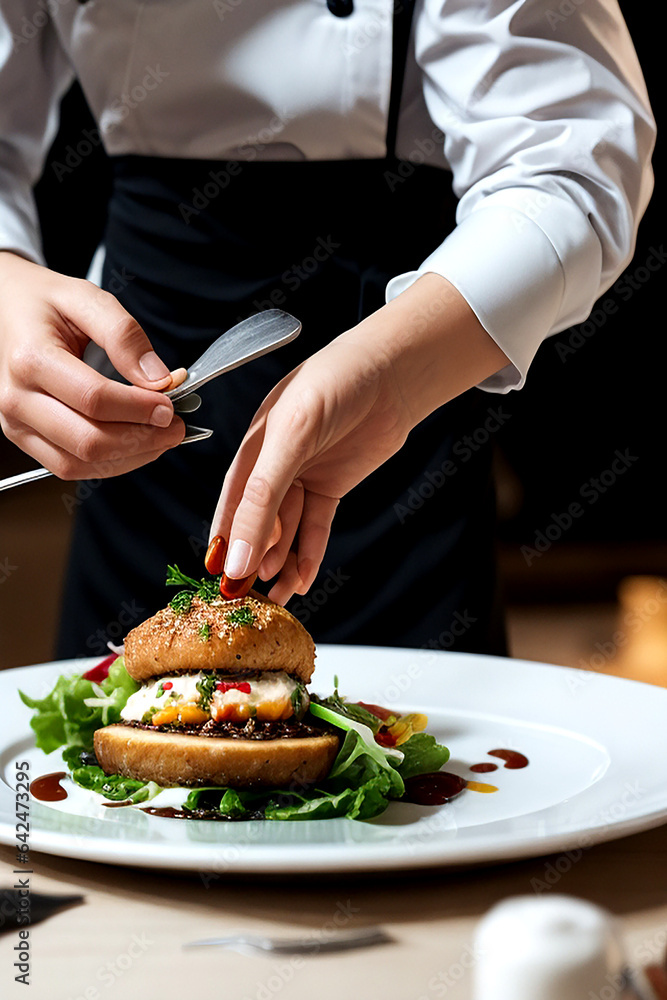 A modern food stylist carefully decorates a meal for presentation in a restaurant, with a closeup of the food stylist's hands and the restaurant's interior in the background. A modern food stylist carefully decorates a meal for presentation in a restaurant, with a closeup of the food stylist's hands and the restaurant's interior in the background.