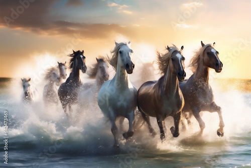 Horses running fast in the beach with dramatic light and sky, giant splash of water, dramatic light and shadow, hyper realistic, hyper detail, winning photo,