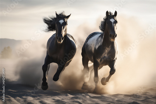 Horses running fast in the desert with dramatic light and sky  dramatic light and shadow  hyper realistic  hyper detail  