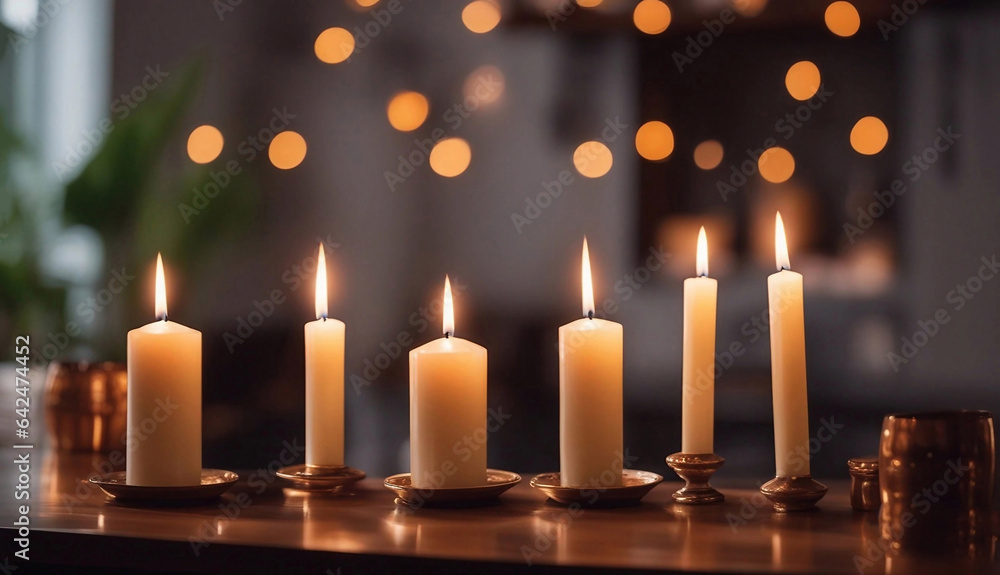 Lined white candles against a bokeh background of lights 