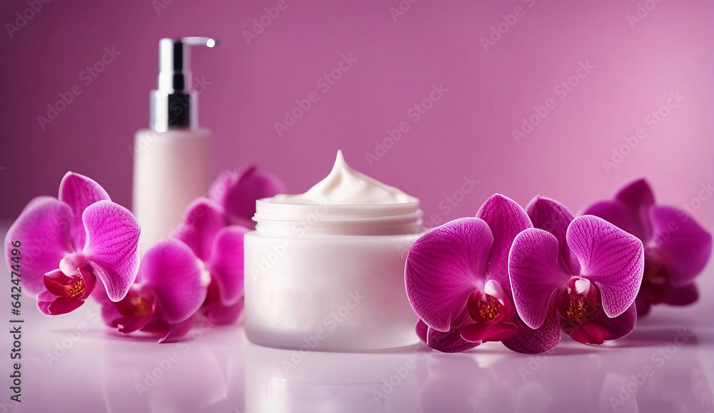 Facial cream and beautiful purple orchid flowers on white background. Facial cream and beautiful purple orchid flowers on white background.