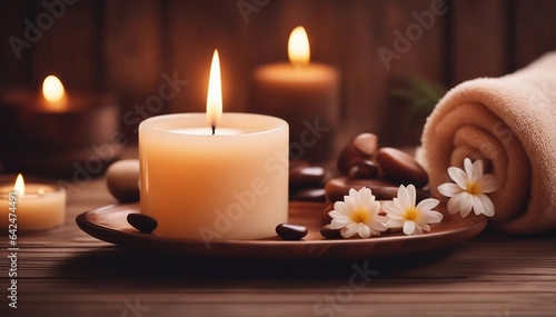 Scented candles on the table in the spa room Beautiful composition with warm brown tones 