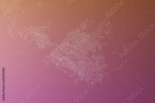 Map of the streets of Douala (Cameroon) made with white lines on pinkish red gradient background. Top view. 3d render, illustration