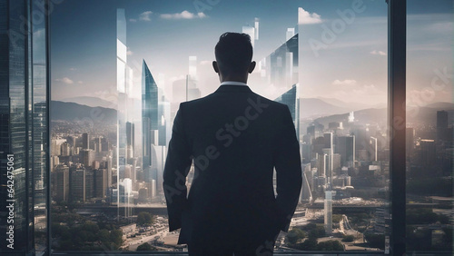 Businessman in a suit standing in the office looking out the window in the big city Successful CEO 