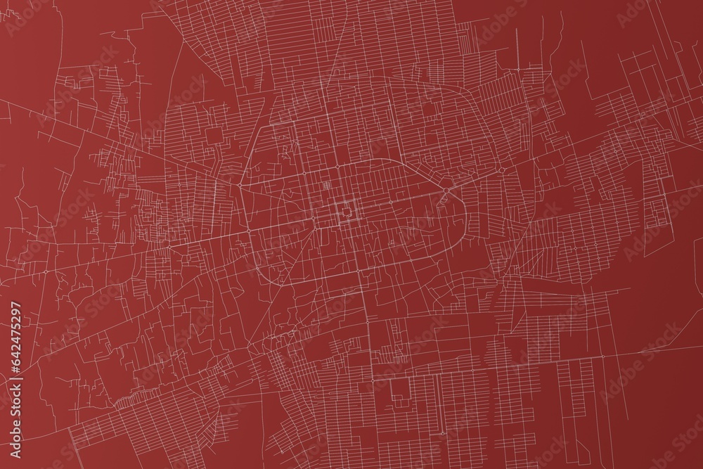 Map of the streets of Mazar-i-Sharif (Afghanistan) made with white lines on red background. Top view. 3d render, illustration
