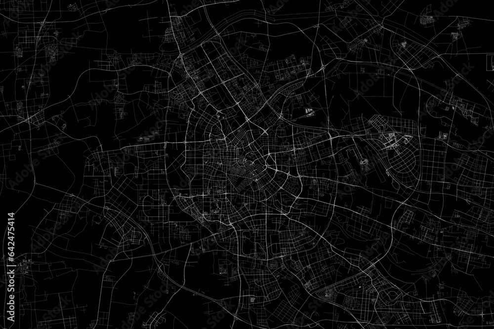 Stylized map of the streets of Tianjin (China) made with white lines on black background. Top view. 3d render, illustration