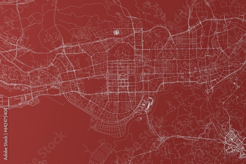 Map of the streets of Shenzhen  China  made with white lines on red background. Top view. 3d render  illustration