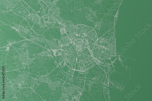 Stylized map of the streets of Valencia (Spain) made with white lines on green background. Top view. 3d render, illustration