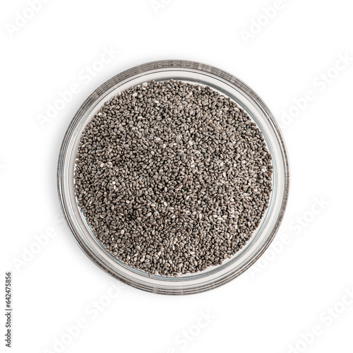 Top view of healthy organic hydrophilic chia seeds served in glass bowl isolated on white background rich in omega-3 fatty acids and protein used as food ingredient in culinary and vegetarian desserts