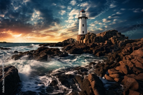 Photo of a majestic lighthouse standing tall on a rugged rocky shore created with Generative AI technology