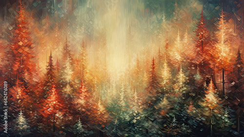 Fairytale forest of Christmas trees in festive red and green tones  with space for text. Digital painting.