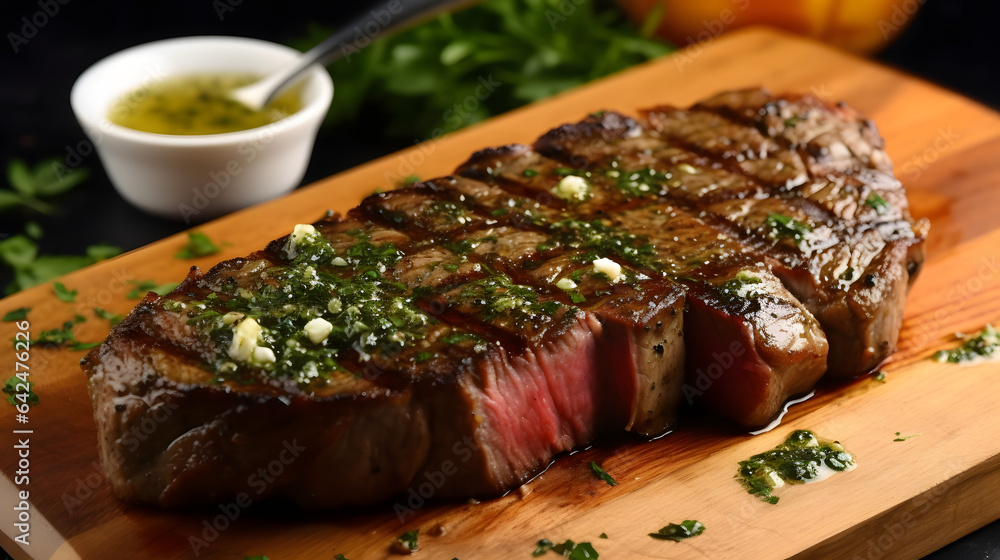 Juicy and succulent grilled ribeye steak with a garlic butter sauc ...