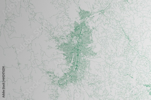 Map of the streets of Medellin (Colombia) made with green lines on white paper. 3d render, illustration