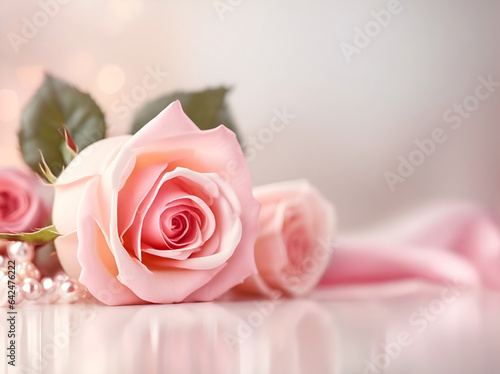 Soft blur background with rose. Template romantic greeting card with floral