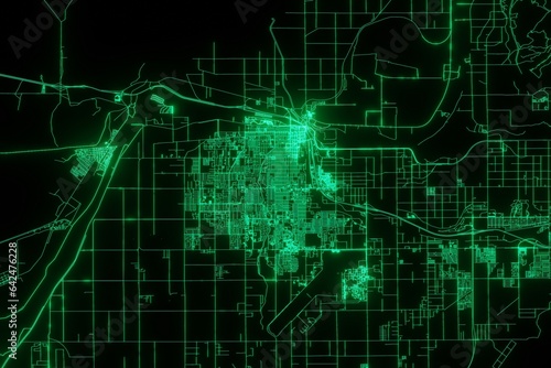 Map of the streets of Yuma (Arizona, USA) made with green illumination and glow effect. Top view on roads network. 3d render, illustration
