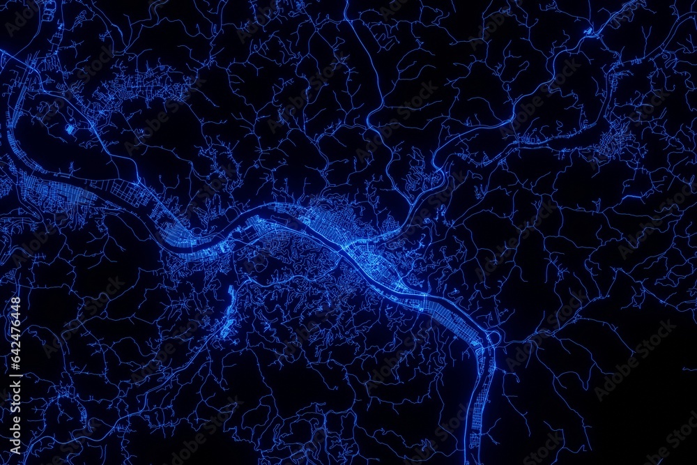 Fototapeta premium Street map of Charleston (West Virginia, USA) made with blue illumination and glow effect. Top view on roads network