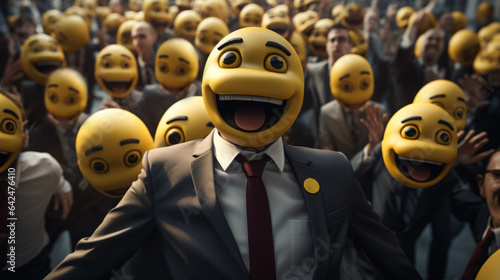 A crowd of human emojis. A businessman emoji. A happy man with an emoji face. Yellow faced man. Lots of emojis.