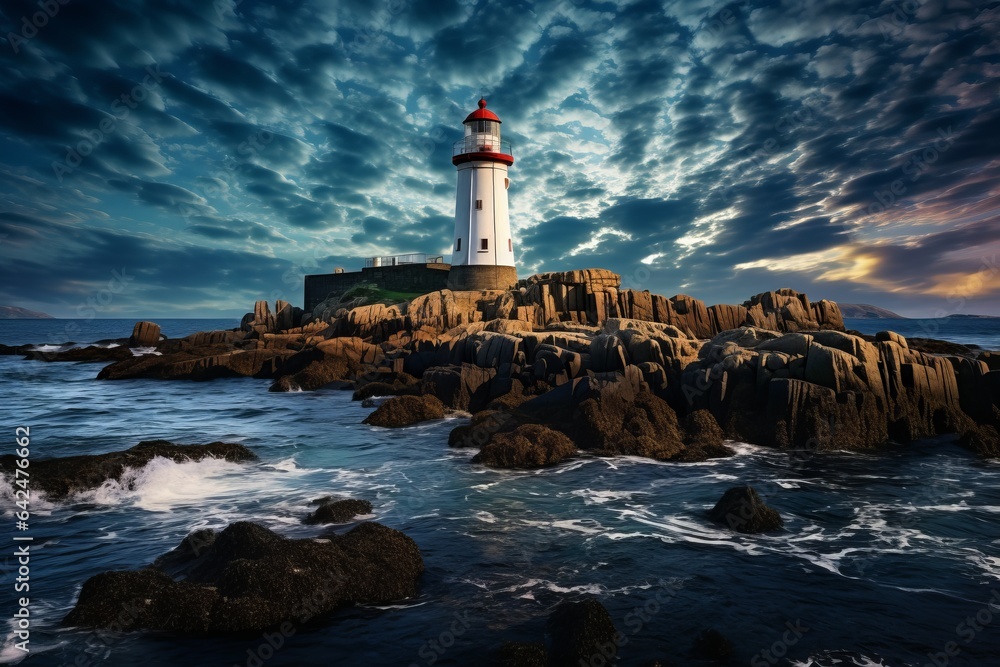 Photo of a majestic lighthouse perched atop rugged cliffs created with Generative AI technology