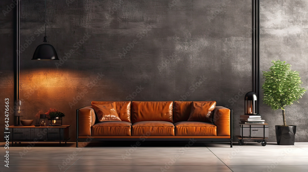 living room modern interior, industrial style, big blank wall mockup, couch, chair, plants with beautiful shadows, Generative AI.