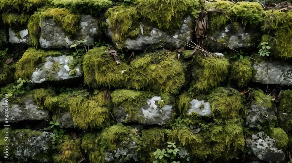 Moss-covered stone wall with a rough and textured surface