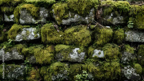 Moss-covered stone wall with a rough and textured surface