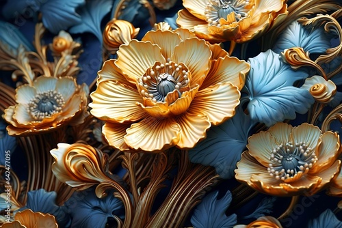 Golden carved flowers art nouveau design Digital Paper background.