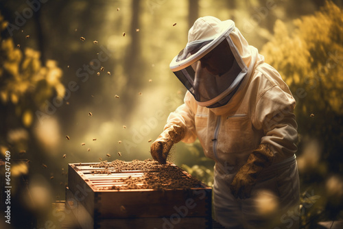 Beekeeper working in apiary with honey bee. Organic food farming. Generative AI