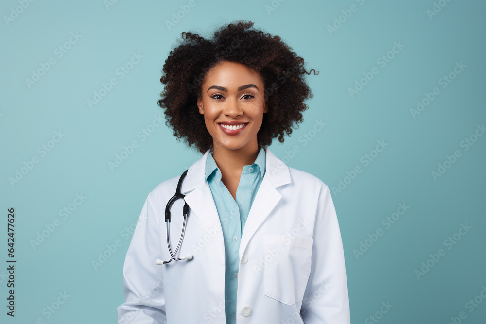Female doctor in uniform portrait on blue background. Copy space. Generative AI Female doctor in uniform portrait on blue background. Copy space. Generative AI