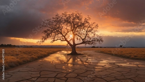 A sunrise in the desert with alone tree during rain